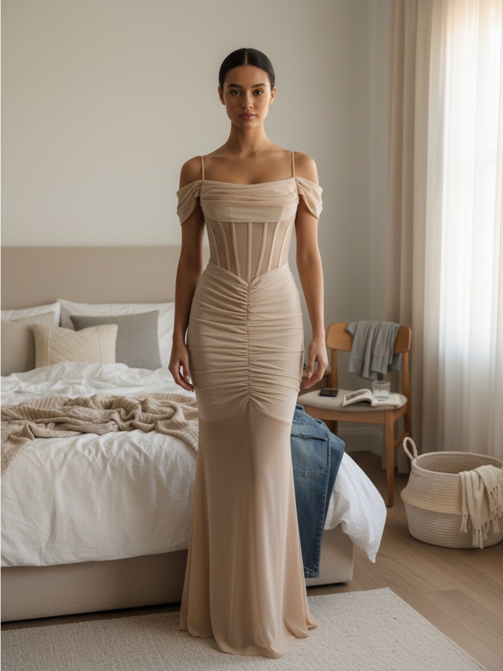Dolls Kill Unholy Schiffer Nude Off-Shoulder Ruched Maxi Dress Size M
